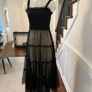 BIBI Black Smocked Tulle Maxi Dress Tiered Sheer Cottagecore Medium